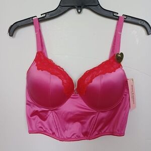 Juicy Couture NWT 36B Bra Corset‎ Demi Push Up Hot Pink Red Satin Lace Underwire
